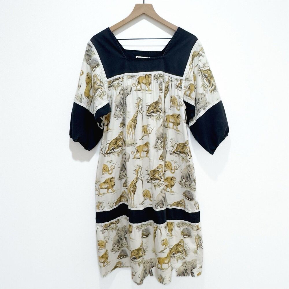 Vtg Krist Gudnason‎ Dress Womens Large* Safari Lion Giraffe Boho Mumu Hippie